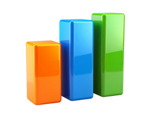 A vibrant 3D bar chart with orange, blue, and green bars representing statistical growth and business analytics on a white background