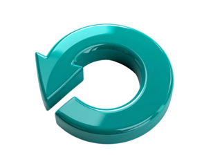 Glossy 3D circular arrow icon in a vibrant turquoise color, representing refresh, reload, and looping concepts, isolated on white