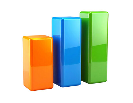 A vibrant 3D bar chart with orange, blue, and green bars representing statistical growth and business analytics on a white background