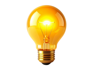 A classic yellow incandescent light bulb illuminated with a bright, warm glow, isolated on a white background symbolizing an idea or energy