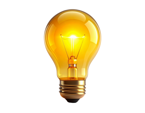 A single glowing yellow incandescent light bulb shining brightly, symbolizing a new idea, innovation, and creative energy on a clean white background