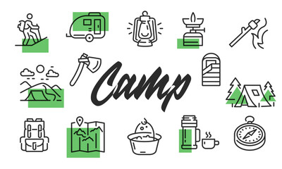 Camp poster. Camp poster design with Tent, Backpack, Campfire, Sleeping Bag, and Hiking icons. Simple poster for presentations, covers. Banner template. Vector illustration.