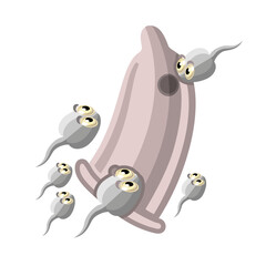 Broken Condom with Some Cartoon Sperm Character Vector Illustration — Safe Sex Awareness Concept in Flat Style