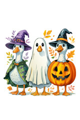 A whimsical watercolor illustration of three ducks in
Halloween costumes standing side by side