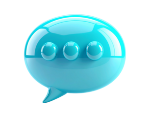 A glossy blue 3D speech bubble icon with an ellipsis, symbolizing a message, chat, or online communication, isolated on a white background for digital design