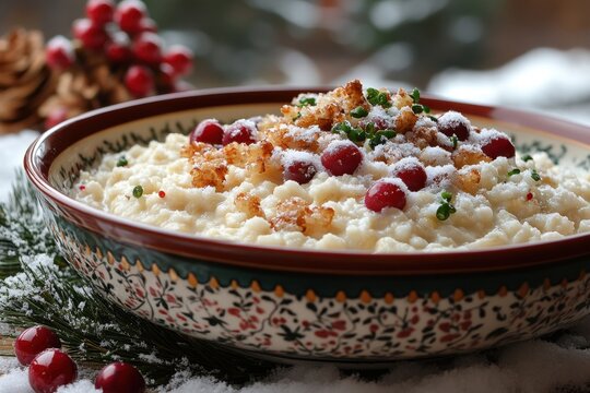 Bowl of maso with cranberry sauce and cranberries.
