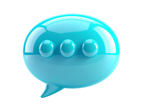 A glossy blue 3D speech bubble icon with an ellipsis, symbolizing a message, chat, or online communication, isolated on a white background for digital design