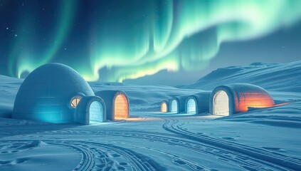 Aurora borealis illuminates igloo village under a starry night sky in winter