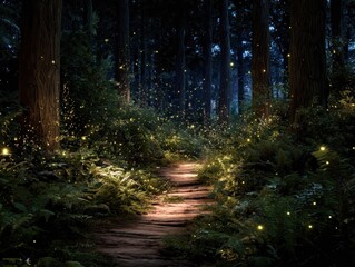 Obraz premium Dark Forest Path Lit by Glimmering Golden Sparkles and Lush Green Ferns, Woodland Trail, Mystical Night Scenery, Glowing Vegetation, Peaceful Outdoor Landscape