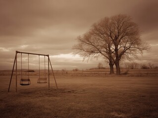 Empty Swings Bare Tree Sepia Landscape Overcast Sky Rural Solitude Tranquil Countryside Scene