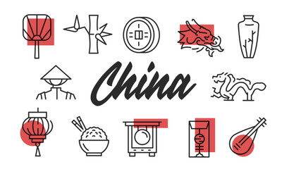 China poster. China poster design with Fan, Dragon, Lantern, Bamboo, and Rice Bowl icons. Simple poster for presentations, covers. Banner template. Vector illustration.