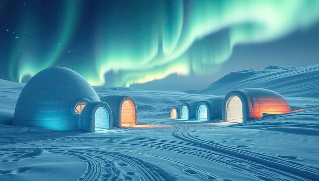 Aurora borealis illuminates igloo village under a starry night sky in winter