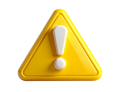 A 3D yellow warning triangle with a white exclamation mark. This glossy icon symbolizes alerts, caution, danger, and system errors, isolated on a white background