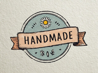 Handmade logo with a daisy and leaves in a circular frame, on a textured background.