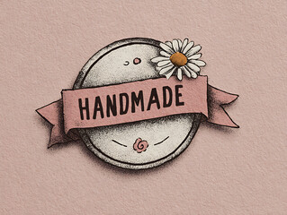 Handmade label with daisy on pink background, promoting craftwork and artisanal products with a touch of floral elegance.