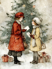 Fototapeta premium Vintage Christmas Carolers: Two young girls singing carols by a decorated Christmas tree with gifts around.