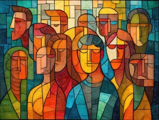 Vibrant Abstract Faces Stained Glass Style Diverse Crowd Portrait Mosaic Art Contemporary Cubism Textured Colorful Background Human Expression Multicolored Figures