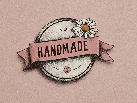 Handmade label with daisy on pink background, promoting craftwork and artisanal products with a touch of floral elegance.