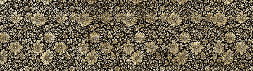 Stunning floral pattern showcases a rich gold and black design, perfect for adding elegance and sophistication to any decorative project or textile design.