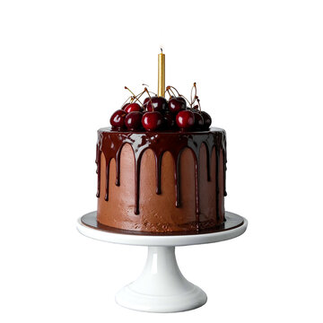 Chocolate cake with cherry topping and a lit candle on a white cake stand
