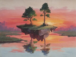 Impressionistic Landscape Painting Floating Island Sunset Reflection Trees Water Pink Orange Sky Ethereal Serene Tranquil Artistic Scenery