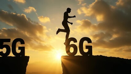 Leap from 5G to 6G Silhouette at Sunset Showcasing Evolution of Technology and Communication Networks - Powered by Adobe