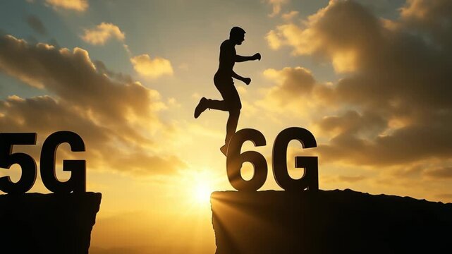 Leap from 5G to 6G Silhouette at Sunset Showcasing Evolution of Technology and Communication Networks