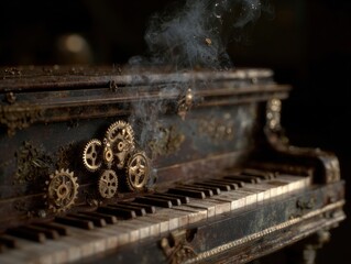 Distressed Steampunk Piano Keyboard Featuring Exposed Gears and Wisps of Smoke Against a Dark Backdrop