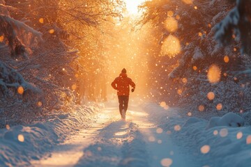 Person running through snowy forest.
