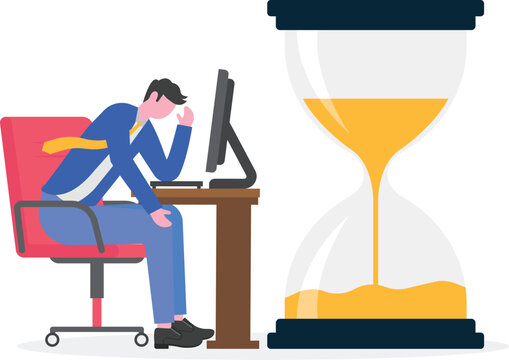 A businessman sitting sadly on an hourglass,
