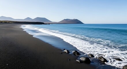 Black sand beach with ocean waves and distant mountains under blue sky.