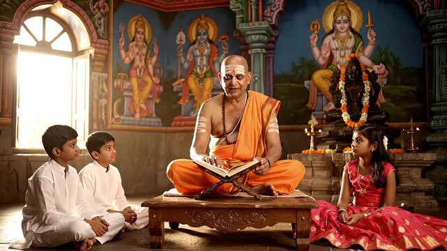 A Hindu Priest Guides Children In Sacred Temple Ritual With Divine Murals and Soft Natural Light