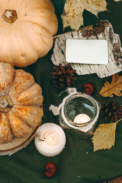 Atmospheric cozy autumn composition. Pumpkins, fall leaves, chestnut, candels. Thanksgiving day. Elegant rustic decor. Concept of cozy fall home atmosphere, aromatherapy. Copyspace.