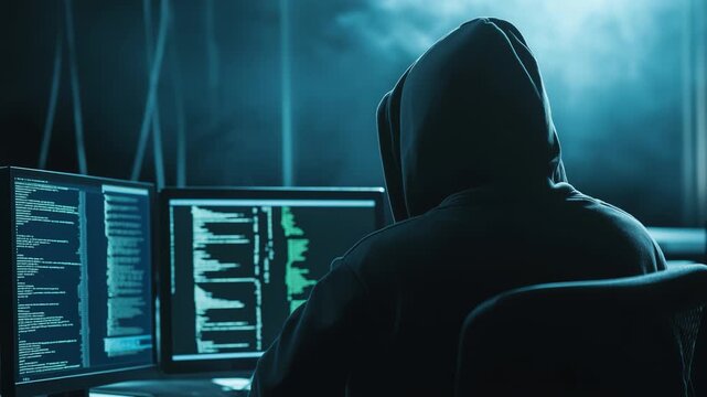 Hooded hacker programming on multiple computer screens