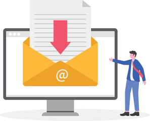 Businessman holding a paper with a downward arrow from a folder,
