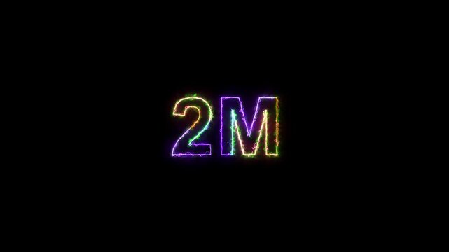 2M followers neon text animation on black background. 2 Million followers realistic neon sign. Neon text 2 million followers or 2 million subscribers for social media.