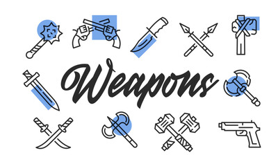 Weapons poster. Weapons poster design with arms icons. Sword, Knife, Axe, Spear, Gun icons. Simple poster for presentations, covers. Banner template. Vector illustration.