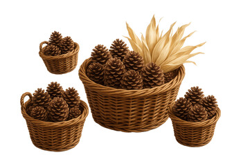 Wicker baskets with pinecones and dried corn husks for fireplace decor in the living room.