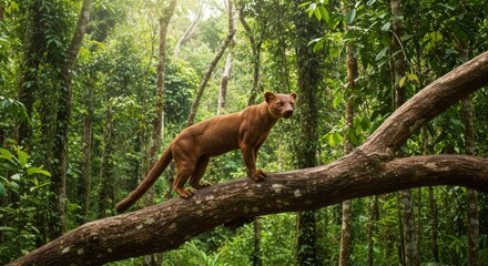 Obraz premium Fossa resting in the forest, showing its sleek brown fur and agile feline-like body. A rare Madagascar predator symbolizing wild, exotic island wildlife.