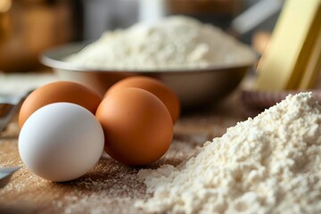 Fototapeta premium Flour and Eggs on Wooden Table for Baking Preparation