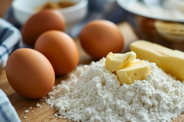 Flour, Eggs, and Butter on Wooden Table for Baking Preparation