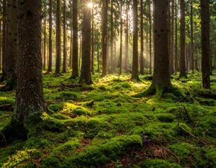 Naklejka premium Sunlight streams through a dense forest of tall evergreen trees, illuminating a mossy forest floor