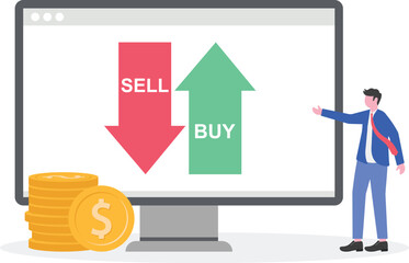 Vector IconTwo businessmen each holding up arrow for sell and down arrow for buy with money bag between them illustration of take profit from stock trading
