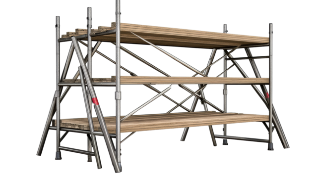 Construction scaffolding with wooden platforms and metal frame, cut out transparent - Powered by Adobe