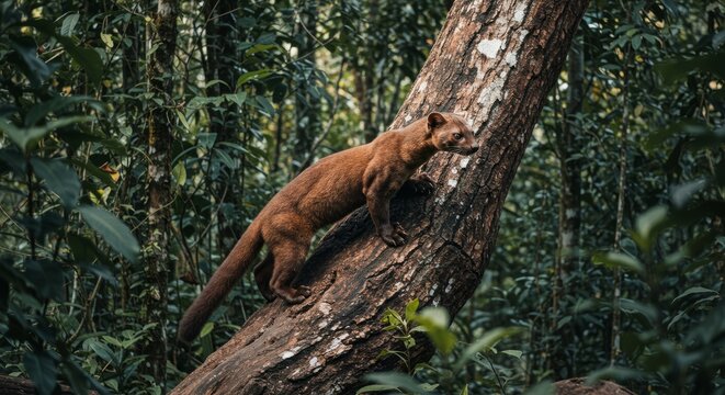 Fossa resting in the forest, showing its sleek brown fur and agile feline-like body. A rare Madagascar predator symbolizing wild, exotic island wildlife.