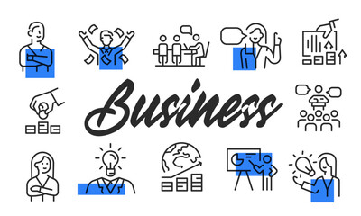 Business poster. Business poster design with Businessperson, Presentation, Meeting, Finance, and Global icons. Simple poster for presentations, covers. Banner template. Vector illustration.