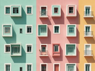 Minimalist Colorful Building Facade with Square Windows and Balconies Modern Architectural Design with Pastel Tones and Geometric Shapes