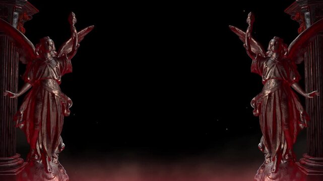 Angelic statues bathed in dramatic red light guarding sacred space, perfect for fantasy game art or gothic horror trailer moodsetting