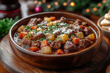 Bowl of hearty stew with potatoes and carrots.