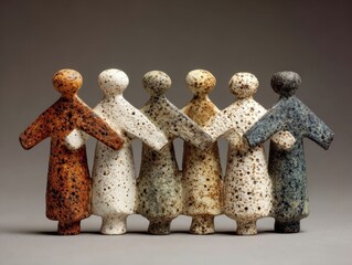 Six Unique Ceramic Figures with Speckled Glaze and Abstract Humanoid Shapes Standing Side by Side with Interlocked Arms Against a Neutral Studio Background Artistic Craft